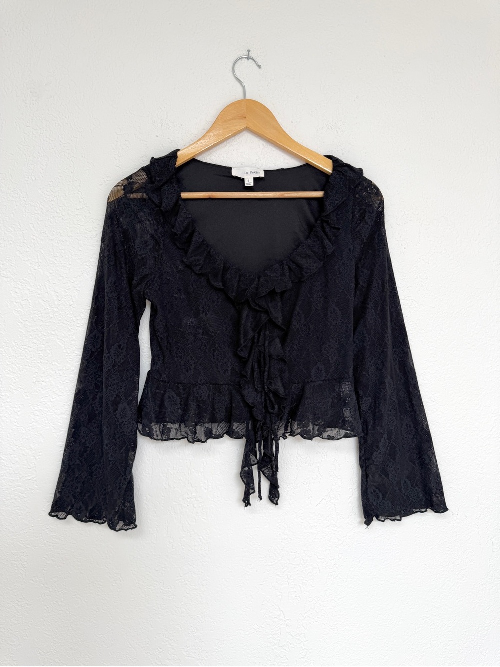 LA PECHE black lace long sleeve ruffle tie front top / size S